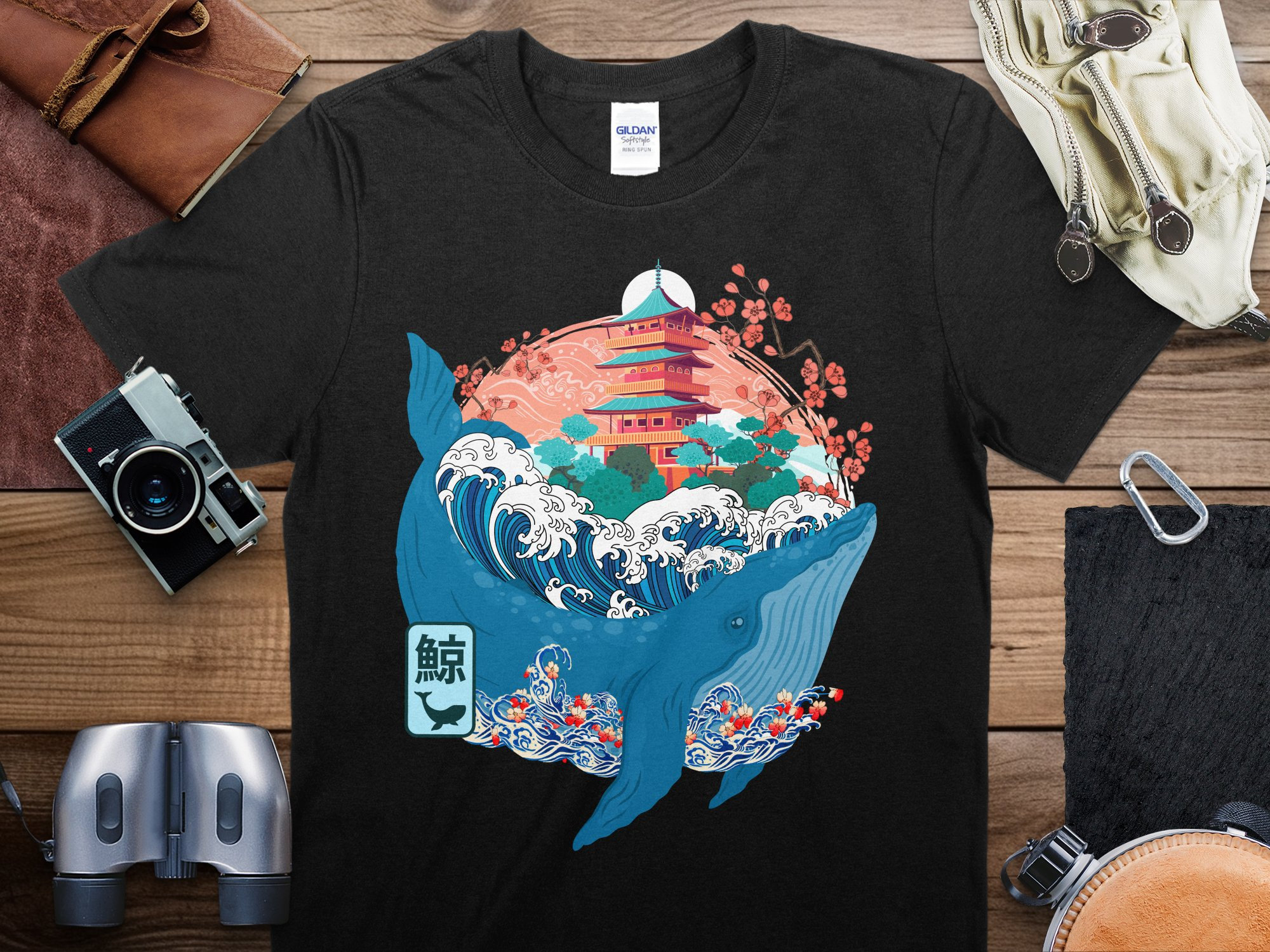 Japanese Wave Whale T-shirt, Asian-inspired Ocean Art Tee