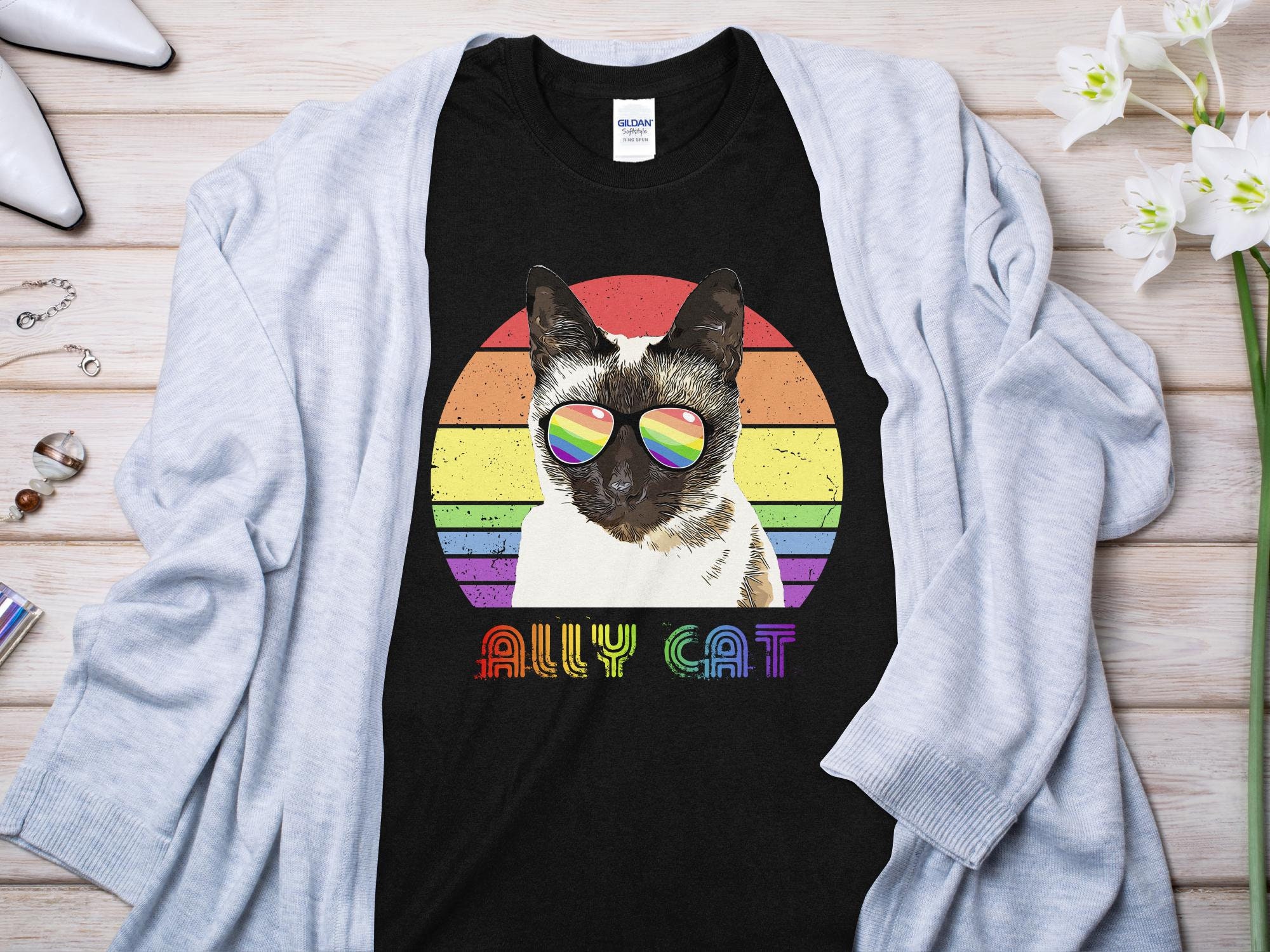 Retro Siamese Cat T-shirt, Rainbow Pride Ally Cat Graphic