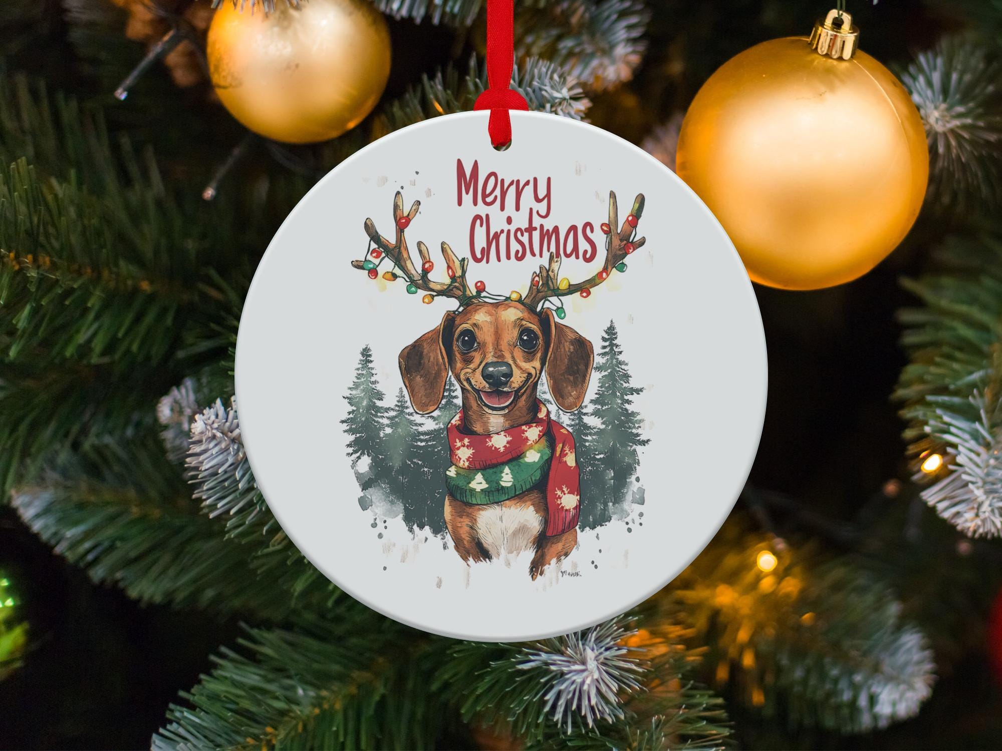 ダックスフントのクリスマスオーナメント、枝角のある犬、メリー