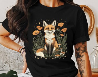 Bonita camiseta de zorro y flores silvestres de estilo cottagecore, camiseta con estampado de animales del bosque mágicos, ropa vintage y caprichosa para amantes de la naturaleza.
