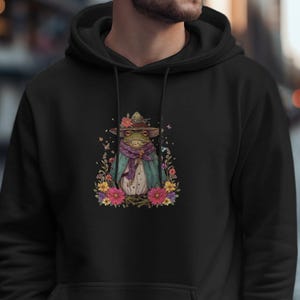 Vintage frog hoodie, illustrated frog in coat, unique hoodie gift, nature inspired sweatshirt, floral art apparel for him
