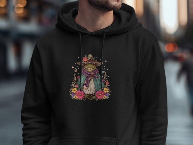 Vintage frog hoodie, illustrated frog in coat, unique hoodie gift, nature inspired sweatshirt, floral art apparel for him