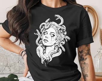 Medusa T-Shirt | Gothic Mythology Goddess Tee | Dark Academia Grunge Alt Snake Hair Graphic Shirt | Edgy Witchy Top