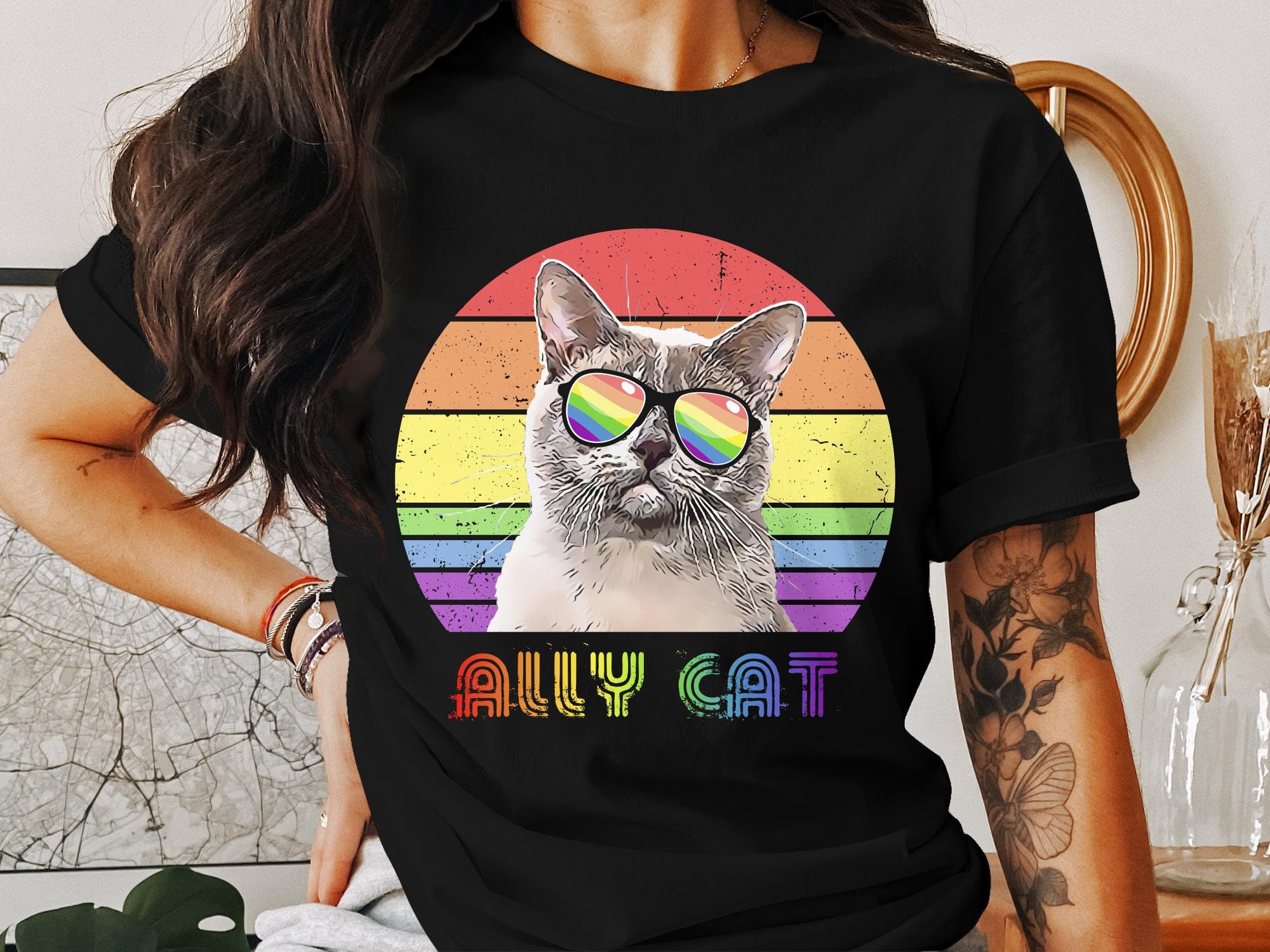 LGBTQ Pride Cat T-Shirt, Rainbow Ally Cat Graphic Tee, Unisex Full Color Kitten Shirt, Casual Wear for Cat Lovers