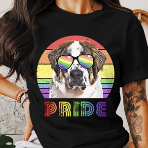 St. Bernard Rainbow Pride Dog T-Shirt, Colorful Pride Month Dog Lover Tee, LGBTQ Supportive Unisex Shirt, Retro Style Pet Apparel