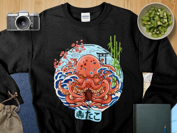日本の波タコTシャツ、伝統的なアートスタイルのTシャツ、ユニセックス
