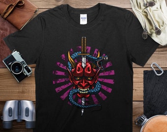 Samurai Demon and Snake, Men's Graphic Tee, Japanese Inspired Streetwear Shirt, Unique Red Oni Mask Print T-Shirt