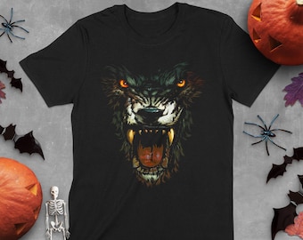 Camiseta de terror de hombre lobo, camiseta de arte gótico oscuro, ropa de mitología oculta, ropa de Halloween de brujería, diseño de lobo espeluznante
