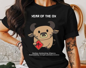 Uroczy T-shirt z chińskim noworocznym wizerunkiem byka, koszulka z okazji noworocznego księżyca, koszulka z grafiką chińskiego zodiaku byka, prezent na rok byka