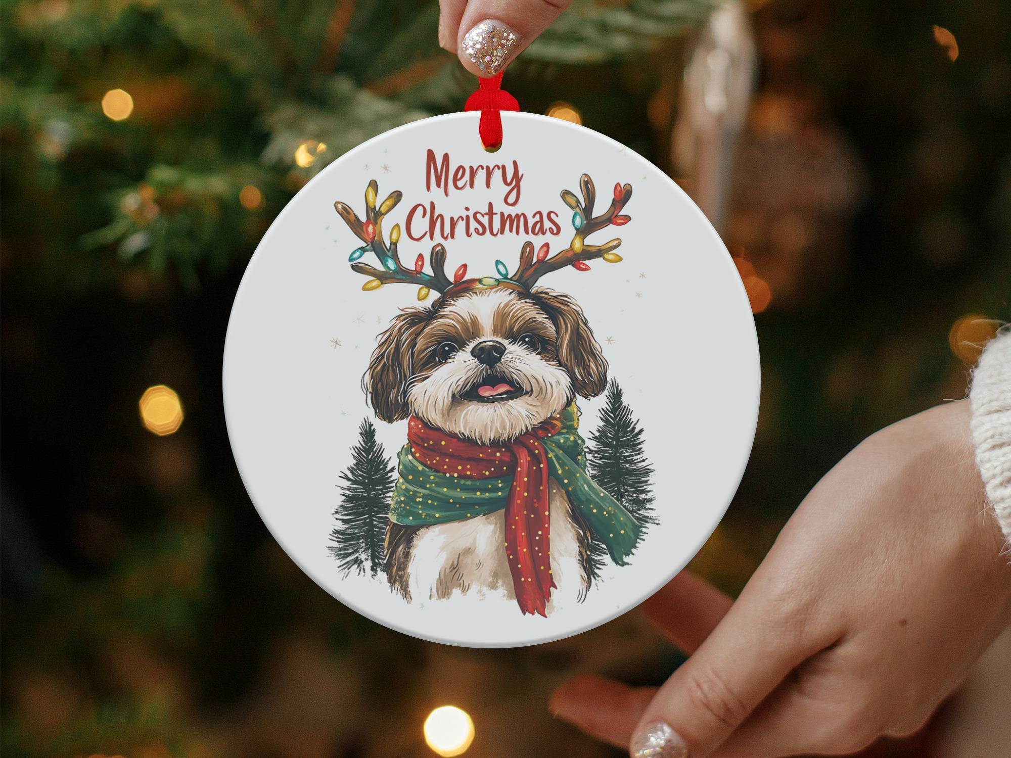 シーズーのオーナメント、メリークリスマス犬、トナカイの角、ホリデー