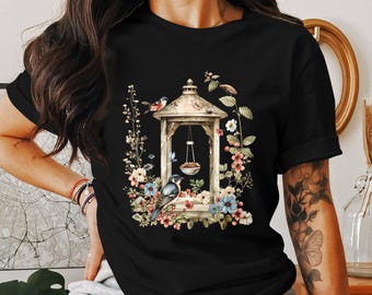 Camisetas de pájaros estilo cottagecore, diseño floral de casita para pájaros, camisetas de naturaleza, camisetas de pájaros y flores, camisetas para amantes de la jardinería, camisetas únicas de pájaros
