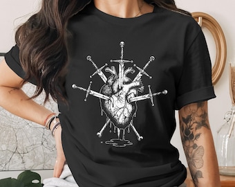 Gothic Anatomical Heart T-Shirt with Swords | Dark Academia Bleeding Heart Tee | Witchy Occult Graphic Shirt Gift