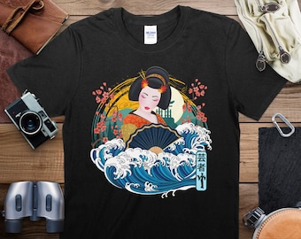 Japanese Geisha Art T-Shirt, Vintage Style Cultural Tee, Traditional Kimono Fashion, Floral Graphic Shirt for Men and Women