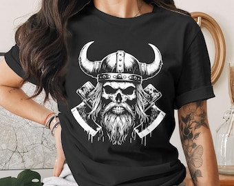Viking Skull T-Shirt, Norse Mythology Warrior Tee, Horned Helmet Shirt, Gothic Skull Apparel, Heavy Metal Gift for Him