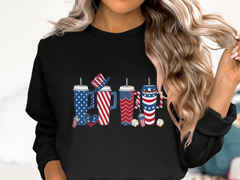 Four drinks with patriotic patterns and small decorative hats.
