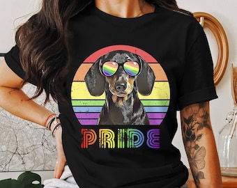 Pride Dachshund Dog T-Shirt, Colorful Rainbow Glasses Canine Tee, LGBTQ Ally Fashion, Unisex Pet Lover Apparel