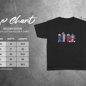 Gildan 5000B youth t-shirt size chart with width and length measurements.