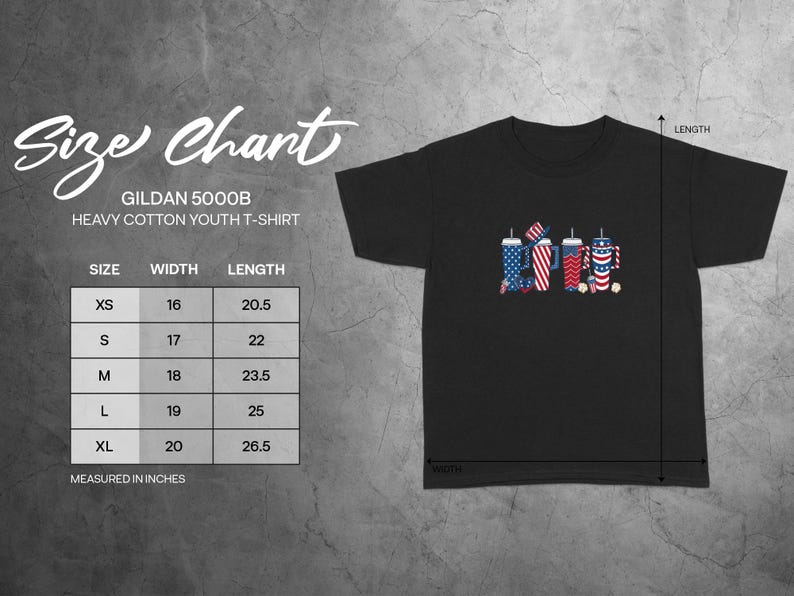 Gildan 5000B youth t-shirt size chart with width and length measurements.