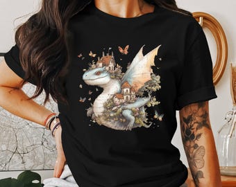 Whimsical dragon cottagecore, butterfly fairy tale shirt, fantasy creature art t-shirt, magical dragon tee, unique cottagecore style