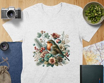 Camiseta con diseño de pájaro petirrojo europeo con flores de invierno, camiseta para amantes de las aves, camiseta para observadores de aves, diseño de pájaro petirrojo, amantes de la naturaleza invernal