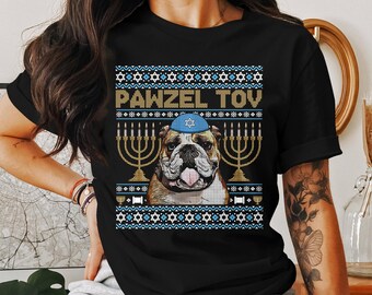 Funny Hanukkah Bulldog Shirt, Jewish Holiday Dog Lover Gift, Pawzel Tov Tee, Hanukkah Ugly Christmas Sweater, Menorah Design