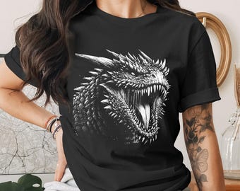 Dragon Head T-Shirt, Menacing Fantasy Dragon Graphic Tee, Gothic Gaming Apparel, Mythical Creature Shirt, Bold Black and White Dragon Gift