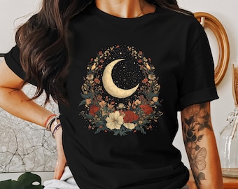 Enchanted Moon Floral T-Shirt, Crescent Moon and Flowers Tee, Cottagecore Astrological Shirt, Vintage Floral Moon Graphic Tee