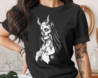 Gothic Nun Skull T-Shirt, Dark Art Skeleton Sister Tee, Occult Horned Demoness Top, Witchy Grunge Alternative Fashion Gift