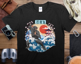 Japanese Traditional Art T-shirt, Colorful Daruma and Waves