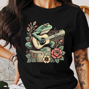 Cottagecore Frog Playing Guitar T-Shirt, Whimsical Frog Art Tee, Vintage Inspired Cottagecore Shirt, Nature Lover Frog Graphic Tee