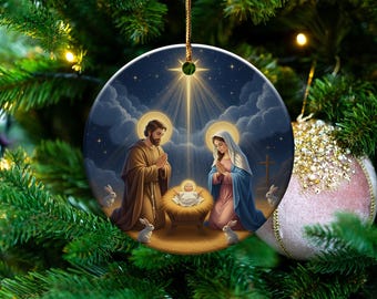 Nativity Scene Ornament, Holy Family Art, Christmas Story, Baby Jesus, Joseph and Mary, Christian Gift, Religious Ornament