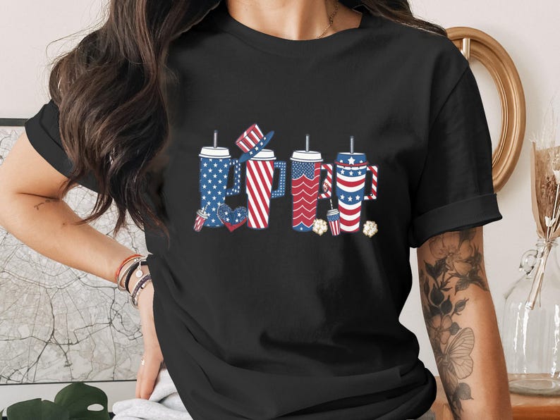 Four patriotic drinks with American flag designs and text.