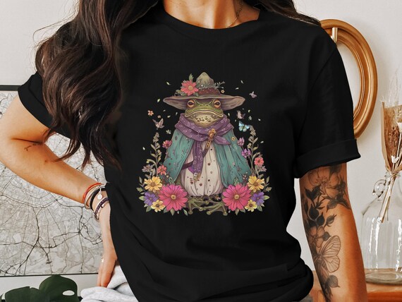 Cottagecore Frog Witch Graphic Tee, Whimsical Frog Shirt, Magical Frog T-Shirt, Floral Frog Clothes, Nature Inspired Frog Design