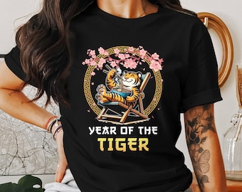 Chinese New Year T-Shirt, Lunar New Year Zodiac Shirt, Tiger Zodiac Tee, Cute Tiger Eating Noodles, Chinese Shirt