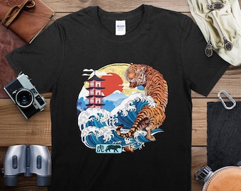 Japanese Tiger and Waves Graphic T-shirt, Traditional Ukiyo-e
