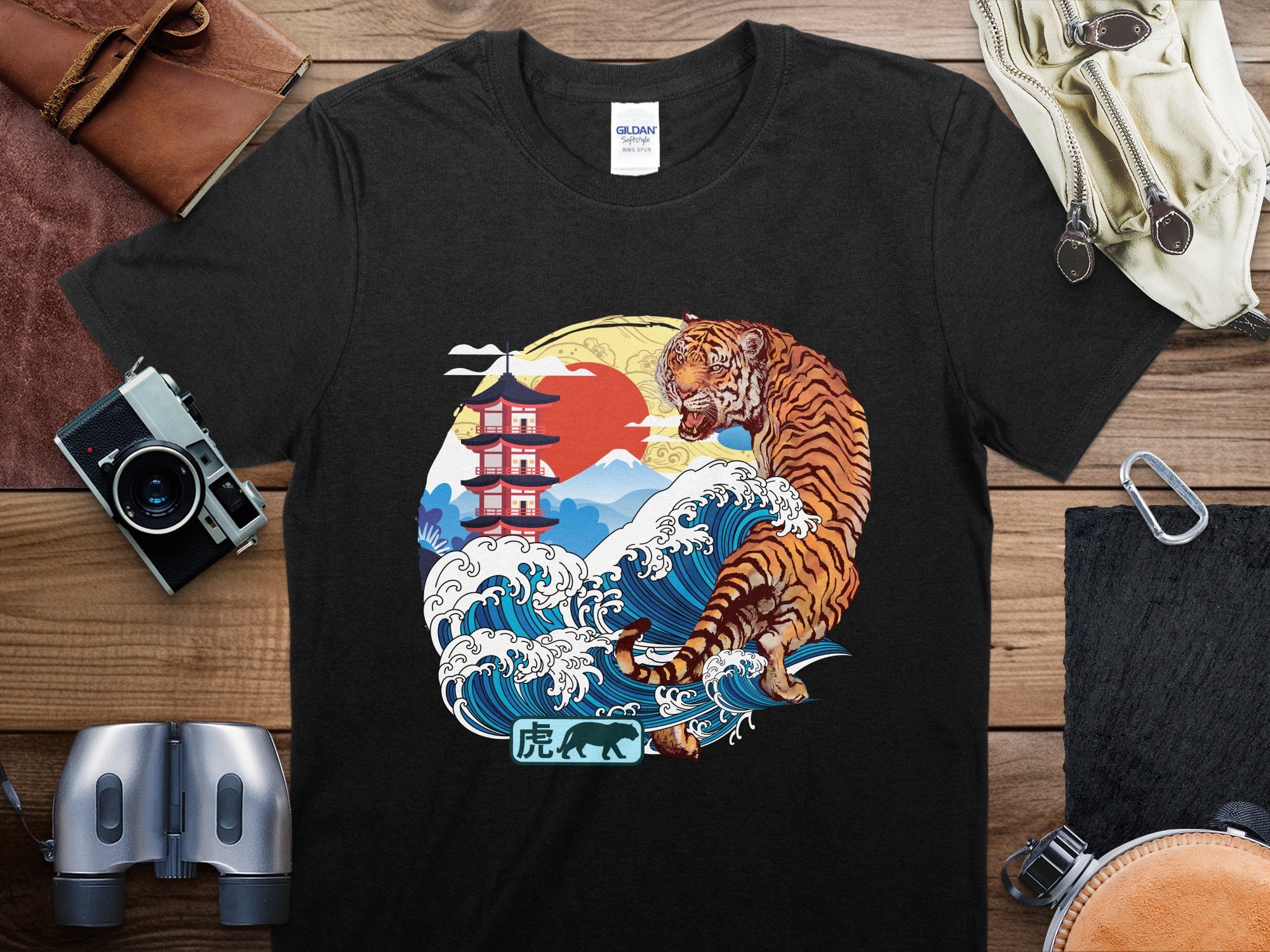 Japanese Tiger and Waves Graphic T-shirt, Traditional Ukiyo-e
