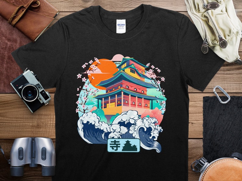 Vibrant Japanese Temple Art T-Shirt, Colorful Aesthetic Tee, Cultural Heritage, Unisex Graphic Shirt, Gift for Travel Lovers image 1