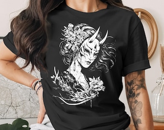 Japanese Hannya Mask T-Shirt, Oni Mask Gothic Floral Tee, Dark Aesthetic Grunge Style Top, Unique Anime Inspired Graphic Tee for Her