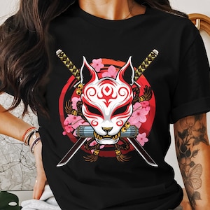 Kitsune Mask Samurai Swords Cherry Blossom Japanese Art T-Shirt, Kitsune Fox Mask Japanese Graphic Tee, Samurai Warrior Art T-Shirt