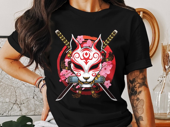 Kitsune Mask Samurai Swords Cherry Blossom Japanese Art T-shirt
