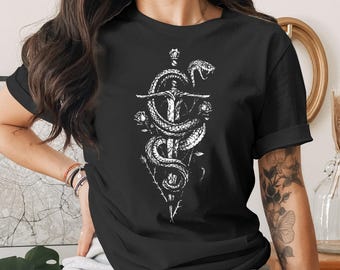 Gothic Snake Sword T-Shirt, Dark Academia Grunge Aesthetic Tee, Witchy Rose Thorns Graphic Shirt, Alternative Apparel Gift