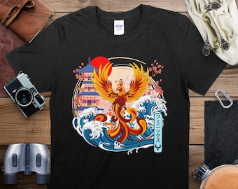 Japanisches Phoenix Art T-Shirt, lebendiger mythischer Vogel mit Kirschblüten