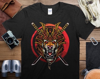 T-shirt graphique samouraï tigre, t-shirt guerrier japonais à imprimé animal, streetwear audacieux unique, haut en coton unisexe, tenues décontractées de conception artistique