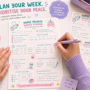 May include: A nurse priority weekly planner sheet with sections for clinicals, shifts, assignments, and self-care. The planner features pastel illustrations of medical icons, hearts, and motivational text. A purple pen is used to write on the paper.
