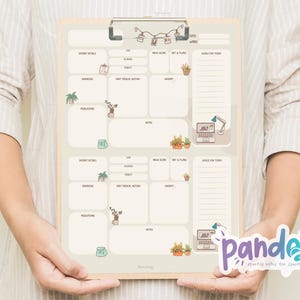 Puede incluir: Un planificador imprimible con un fondo beige e ilustraciones de plantas y un ordenador. El planificador tiene secciones para "Objetivos semanales", "Establecer un lugar", "Rutina diaria", "Detalles de la mañana", "Detalles de la noche", "Tiempo libre", "Resoluciones", "Estado de ánimo", "Gratitud", "En qué estoy trabajando", y "Horario para hoy".