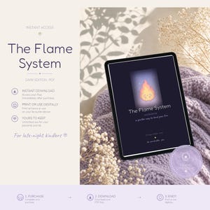 Può includere: Un tablet digitale mostra una cartella di lavoro a tema scuro intitolata The Flame System, con una simpatica illustrazione di una fiamma. Lo schermo mostra il testo: The Flame System, WORKBOOK, a gentler way to tend your fire, for one kindler, you.