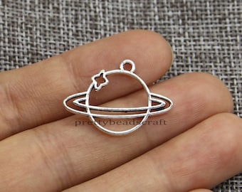 30 Saturn Planet Charm Pendants Antique Silver Tone 27x19mm