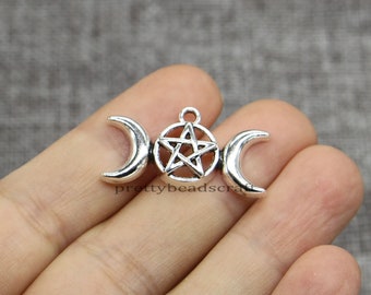 15 Moon and Star Charms Pendants Jewelry DIY Crafts Supplies Antique Silver Tone 16x30mm