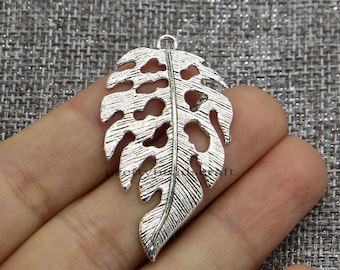 10 Large Leaf Pendant Charm Tree Leaves Drops Dangles Jewelry Making DIY Antique Silver Tone 26x45mm