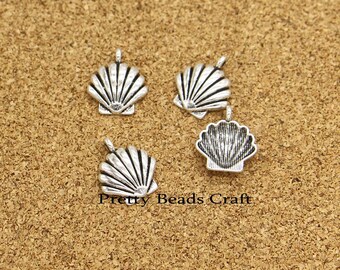 50 Shell Charms Sea Shell Beach Charm Crafts Supplies Antique Silver Tone 14x17mm PB4087